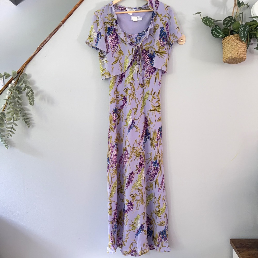 CDC Vtg 90s Dress Slip Lavender Cottagecore Fairy Y2K Floral Wisteria Maxi Shawl
